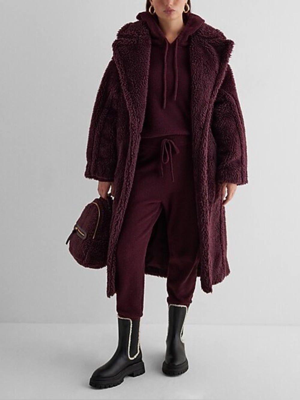 Express Teddy Cinched Back Burgundy Fuzzy Furry Maxi Oversized Blanket Coat NWT